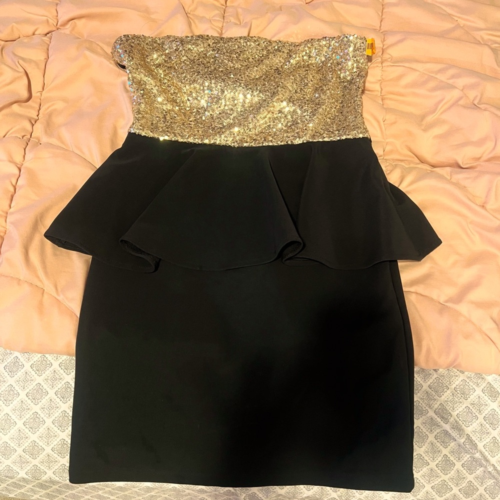 Gold Sequin Strapless Dress with Black Skirt